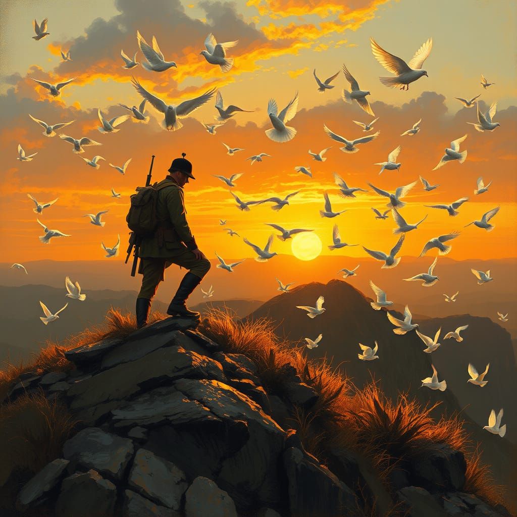 British Soldier Surrounded by Majestic White Doves in Sunset...