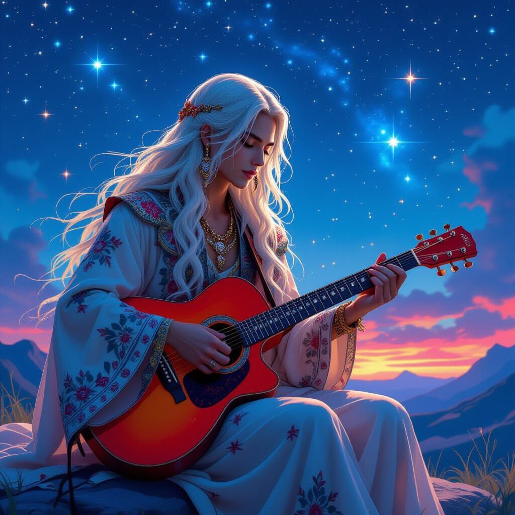 Mystical Guitarist Under Starry Skies: Dreamy Digital Art