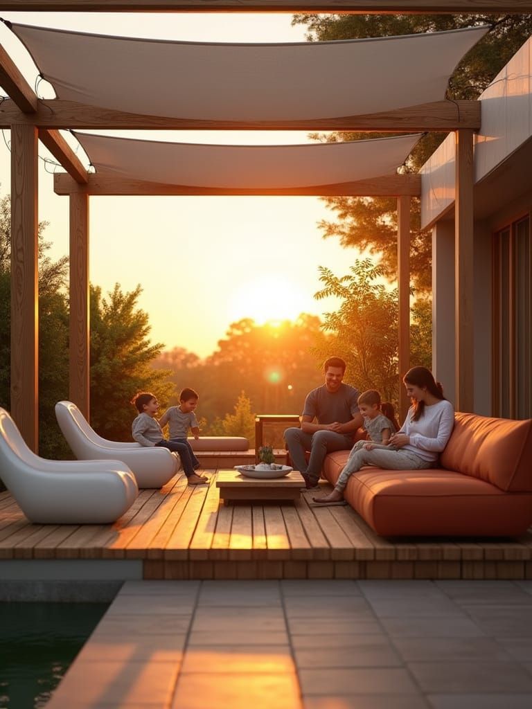 Modern Outdoor Lounge at Sunset with Family