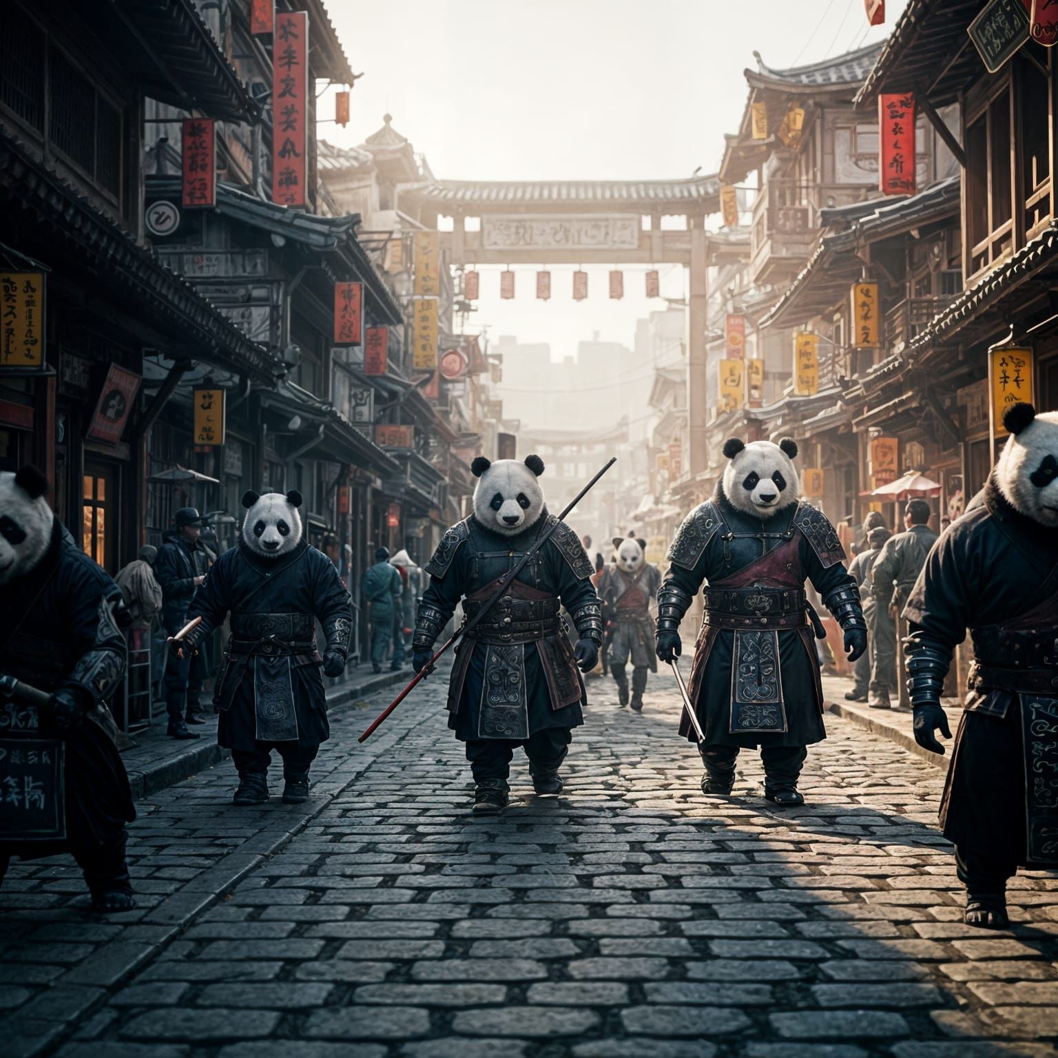 Panda Warriors Patrolling Ethereal Asian City in 8K