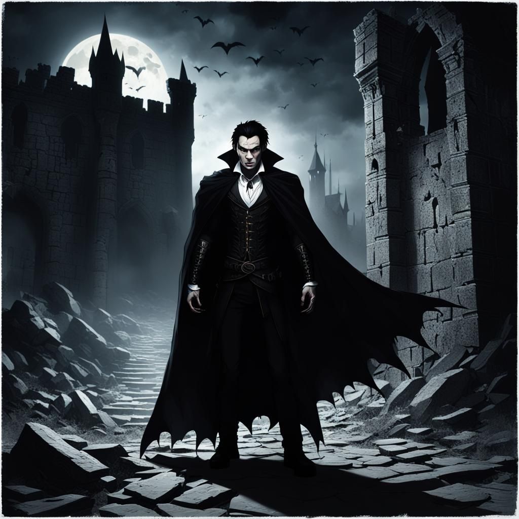 Gothic Vampire in Ruined Castle: Dark Fantasy Art