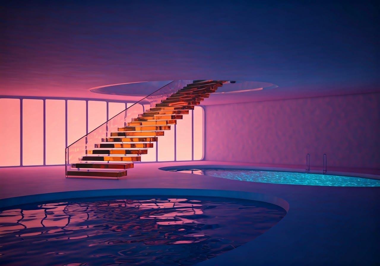 Space Age Luxury Living Room with Plexiglass Stairway