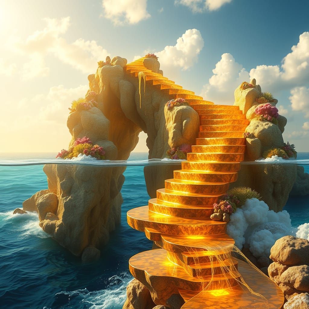 Surreal Golden Staircase from Ocean Depths to Cloudy Sky