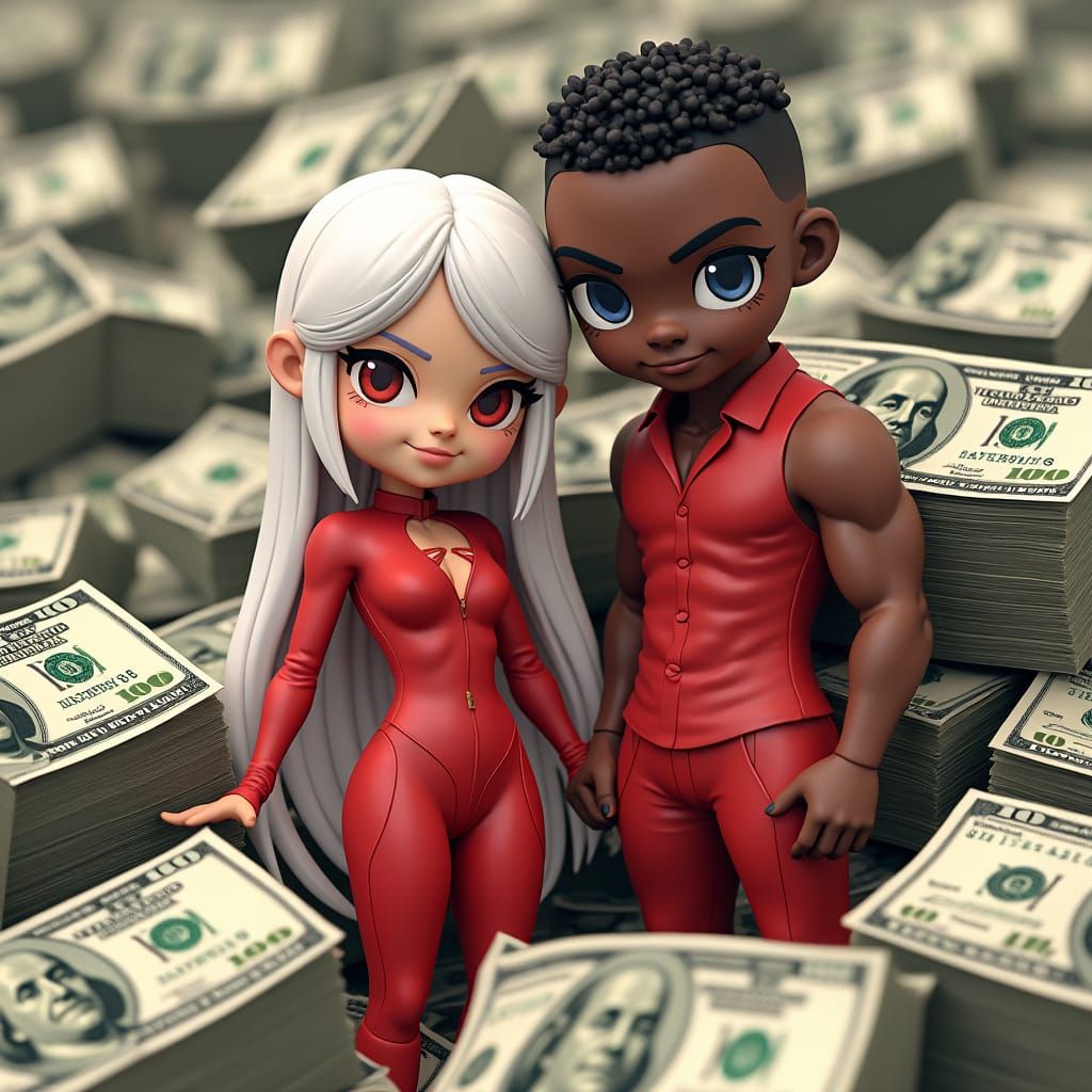 Chibi Couple Posing on Money in 3D Anime Style