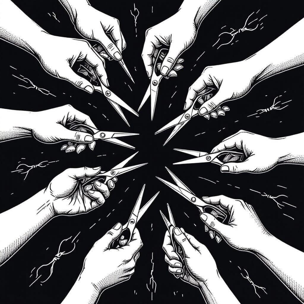 Infinite Hands Cutting Hands in Escher Style Line Art