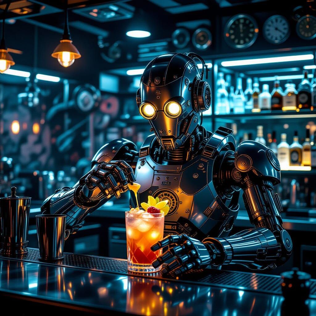 Steampunk Robot Bartender Mixes Cocktail in Neon Bar