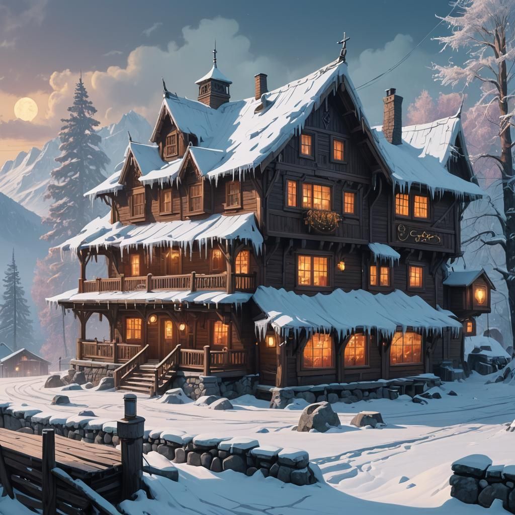 Snowy Mountain Tavern in Fantasy Concept Art
