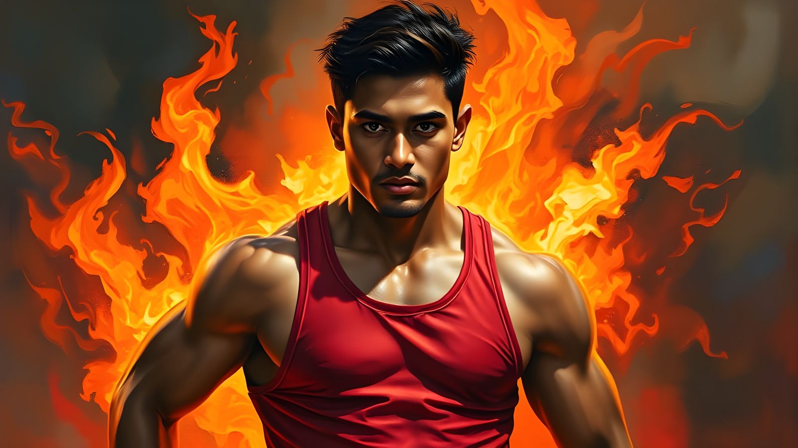 Confident Indian Man in Fire, Oil Painting