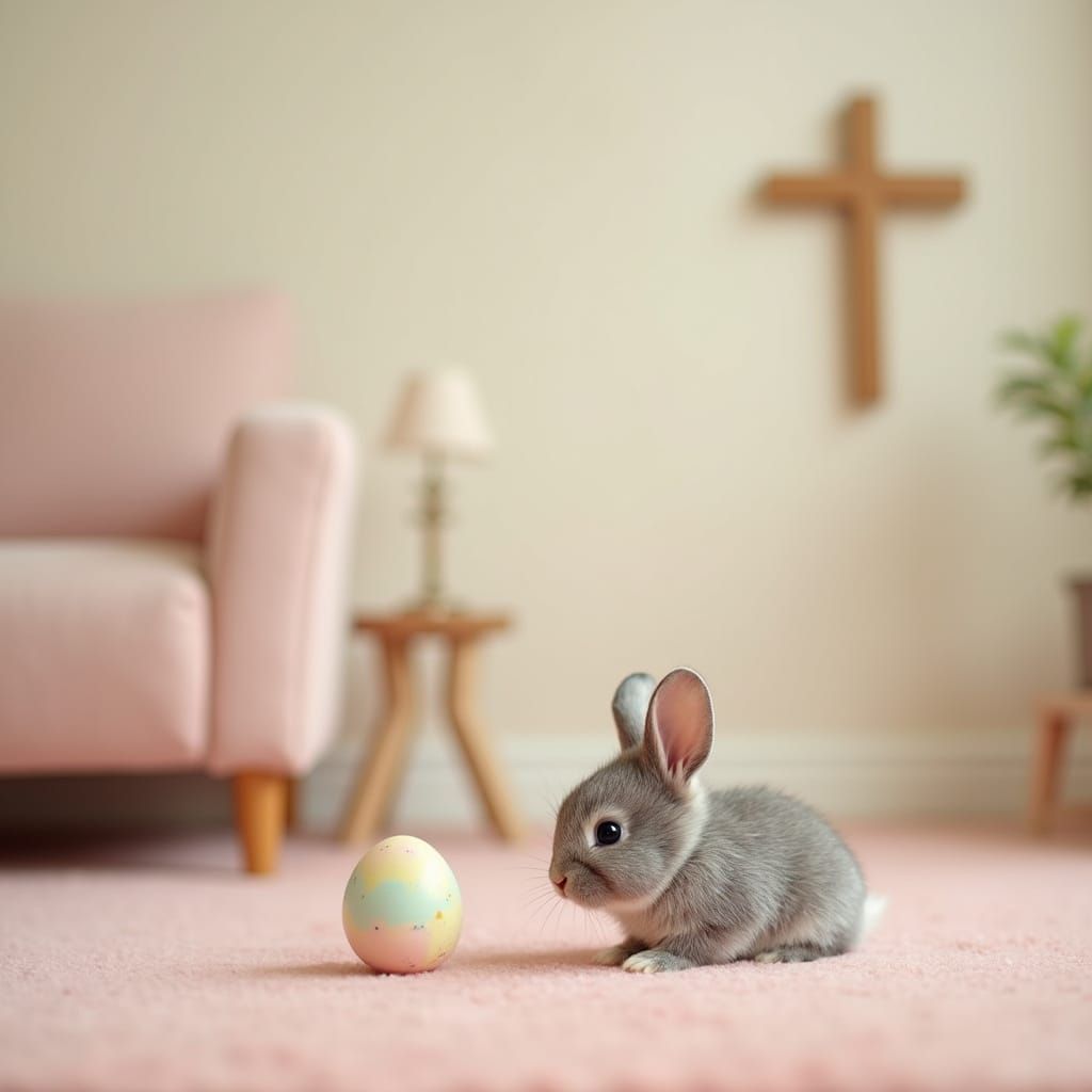 Whimsical Silver Rabbit Investigates Easter Egg in Minimalis...