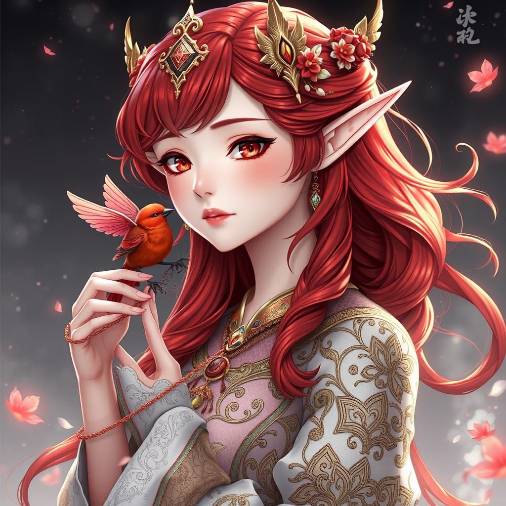 Ethereal Elf Maiden with Crimson Bird