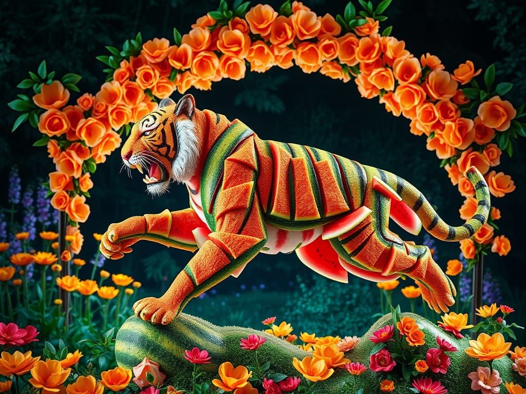 Leaping Tiger in Vibrant Garden of Watermelon Sculpture