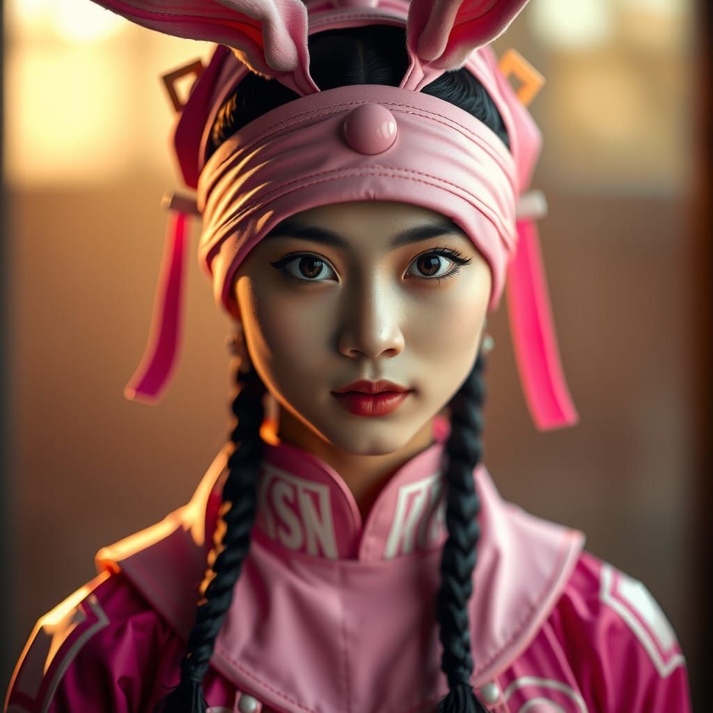 Chinese Indonesian Girl in Vibrant Pink Rabbit Costume