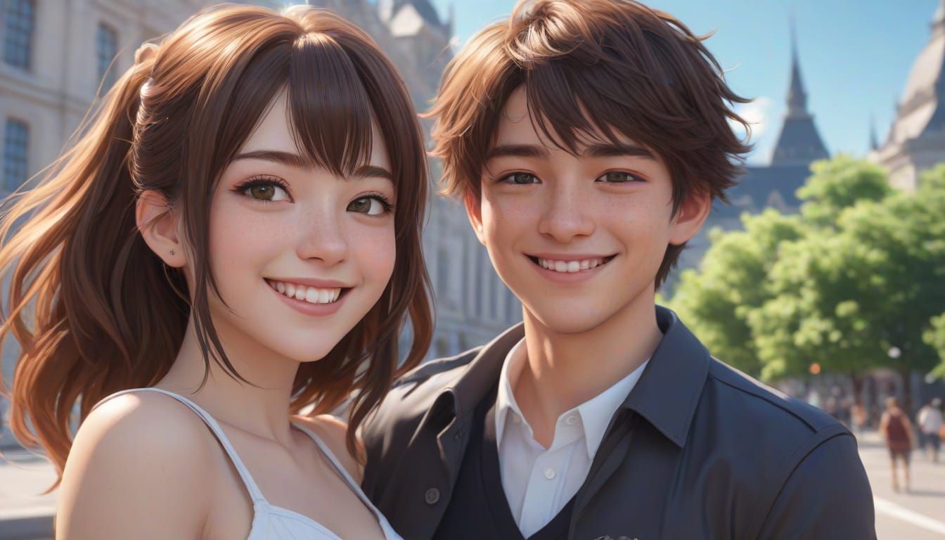 Smiling Girl and Boy at City Hall in Anime Style