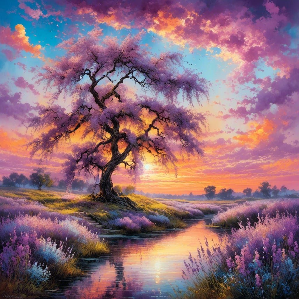 Serene Lavender Field Sunset in Watercolor Style