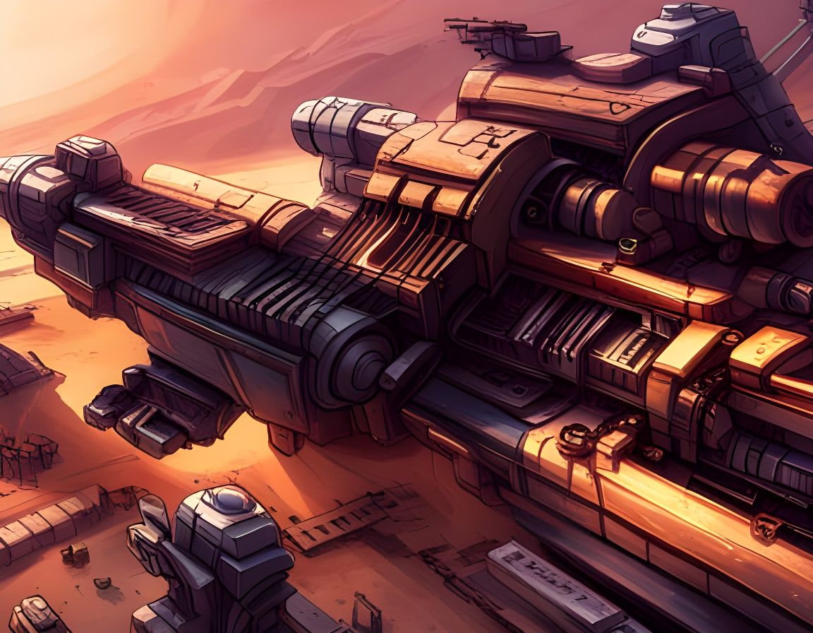 Wrecked Steampunk Battleship in Desert Digital Painting