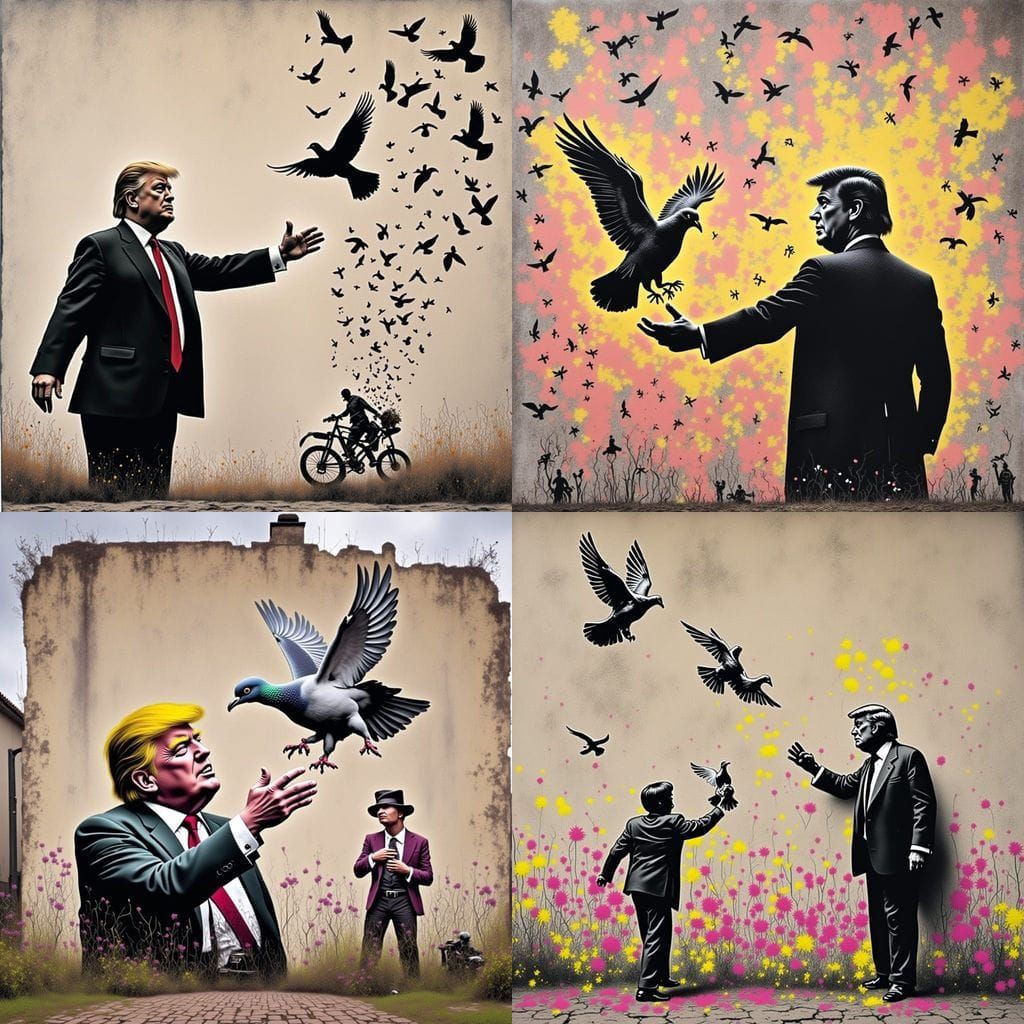 Surreal Banksy-Style Trump Graffiti with a Peaceful Pigeon
