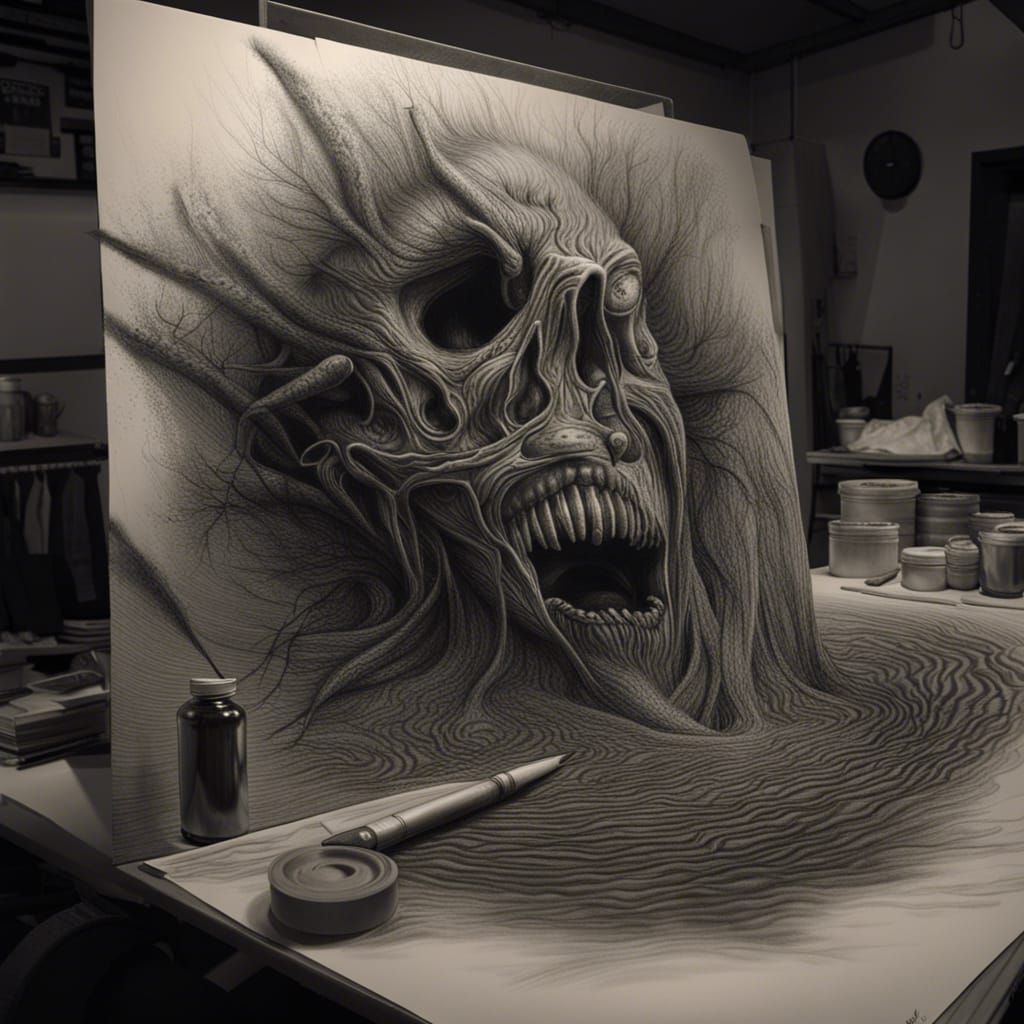 Hyperrealistic Nightmare Emerges: Detailed Charcoal Drawing