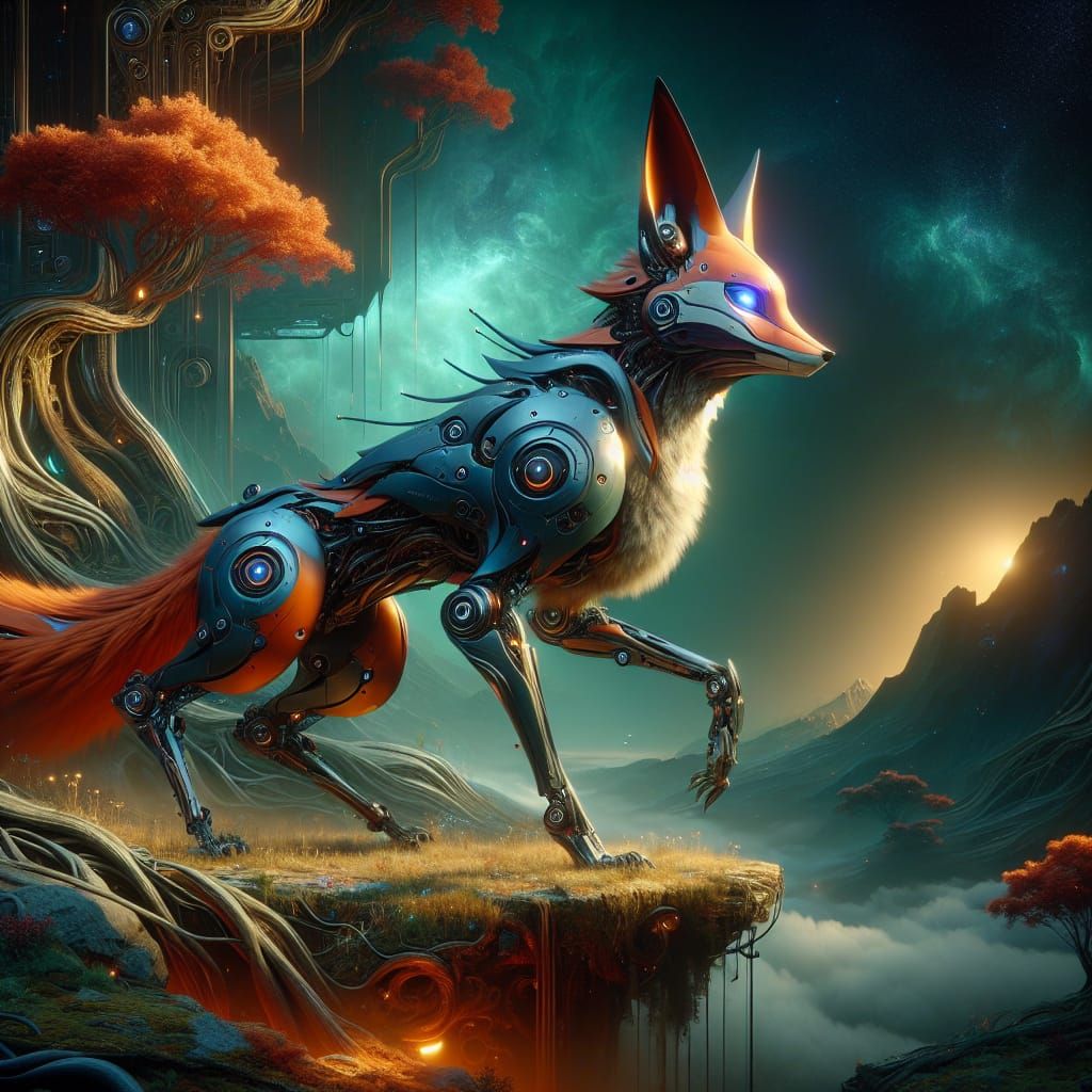 Cyberpunk Fox in a Fantastical Landscape