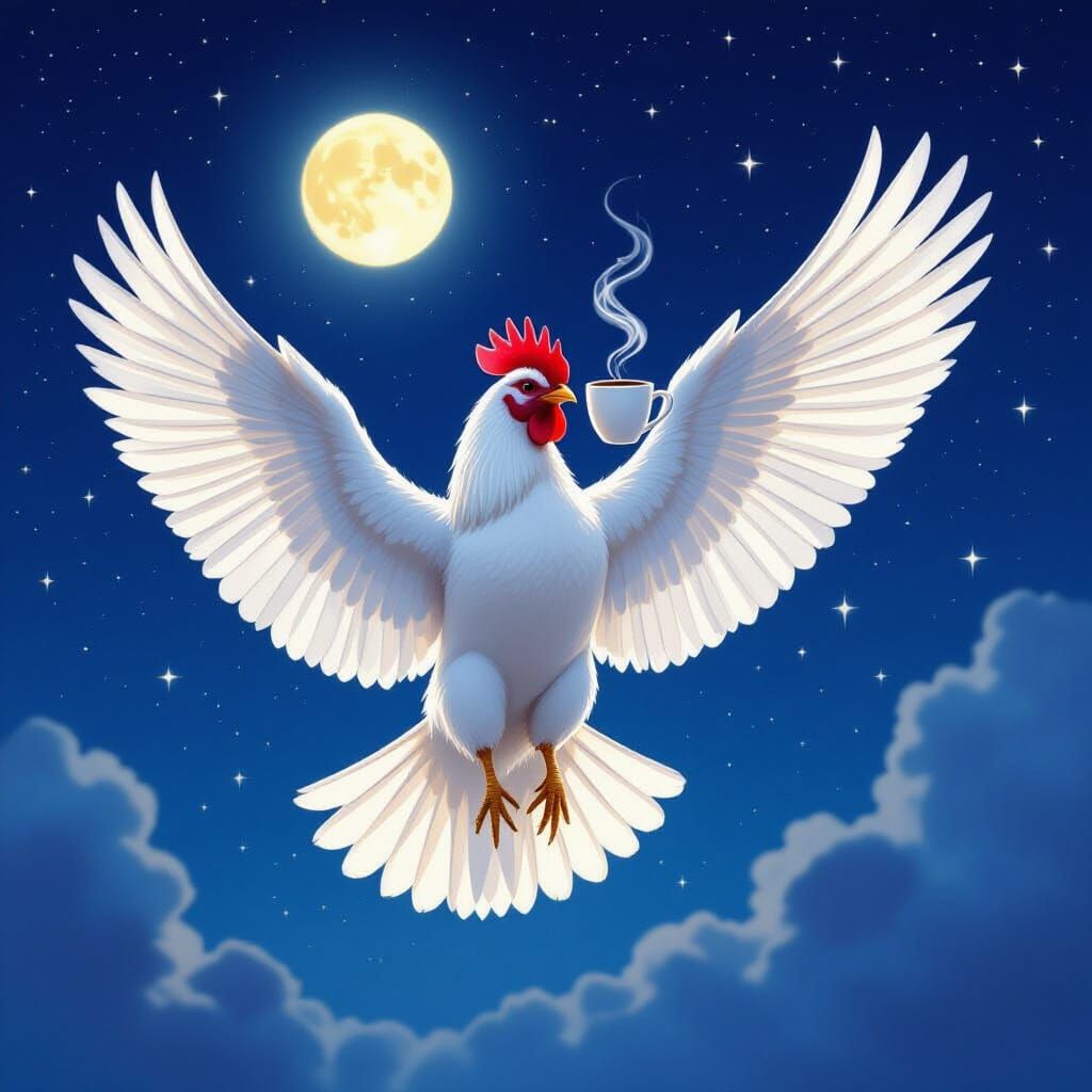 Majestic Chicken Flies Through Starry Sky With Coffee