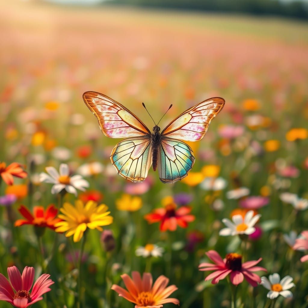 Delicate Butterfly Amidst Vibrant Wildflowers in Sunny Field