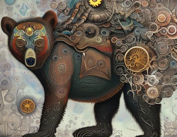 Steampunk Roaring Bear in Psychedelic Art Style