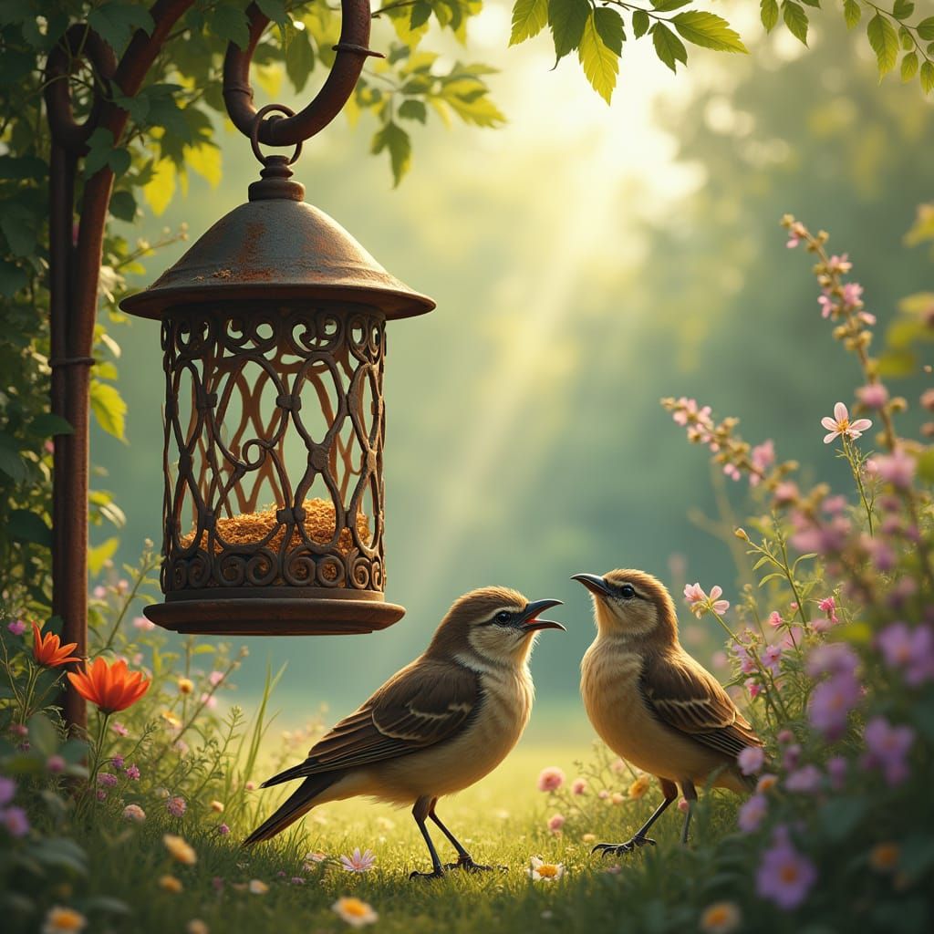 Despondent Songbirds in Lush Summer Garden