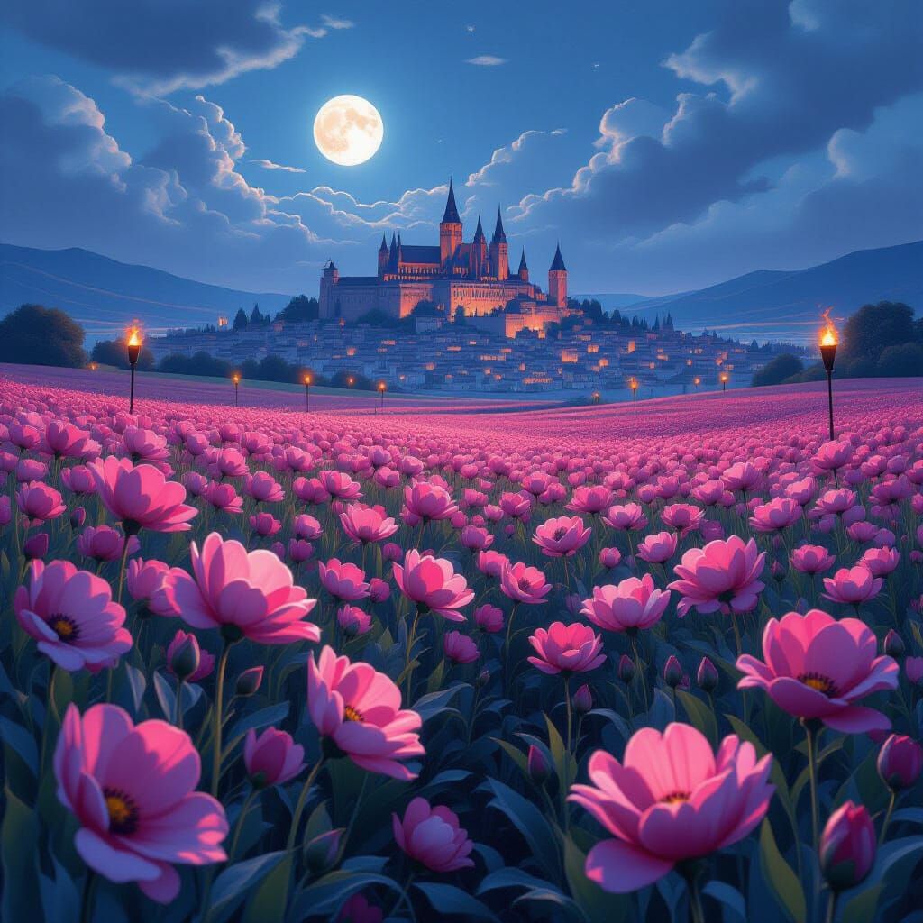 Vibrant Flower Field Meets Medieval City at Night