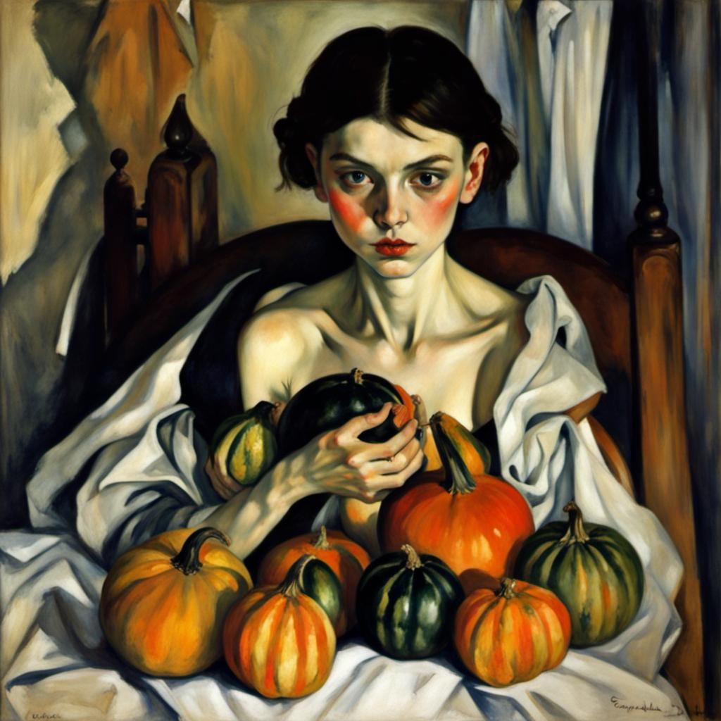 Young Vampire Surrounded by Gourds, Art Nouveau Style