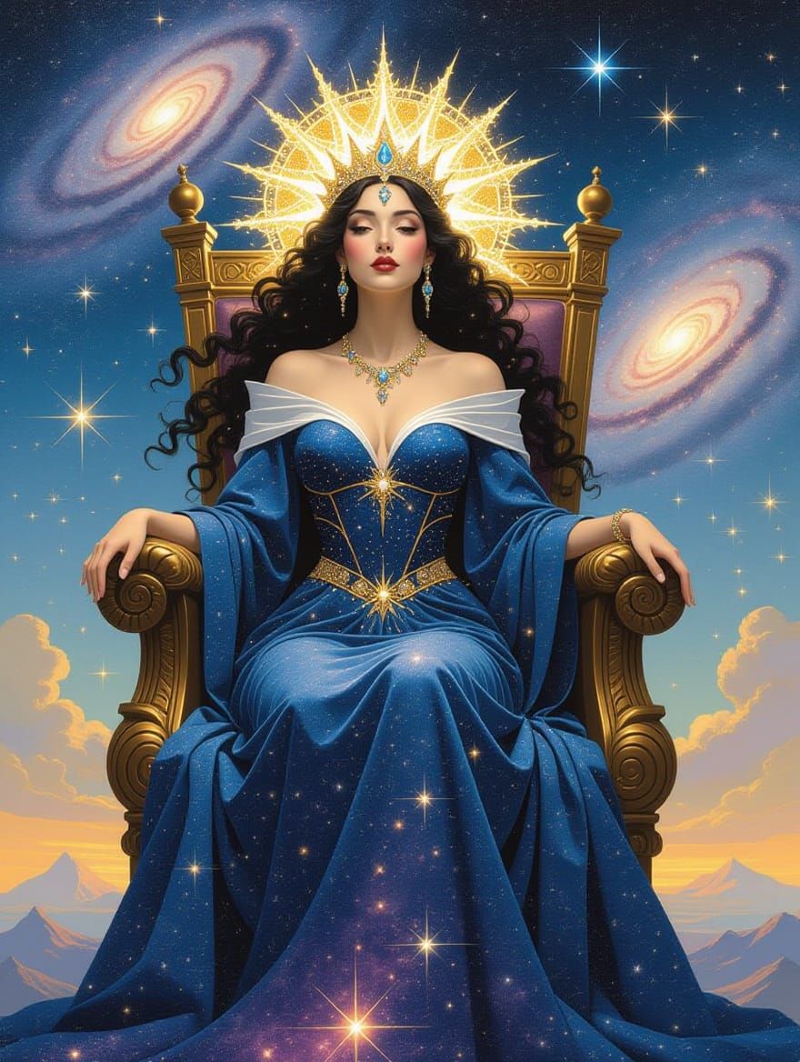 Cosmic Goddess on Asteroid Throne, Digital Oil Painting