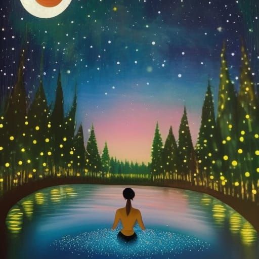 Woman's Moonlit Bath in Lush Forest, Art Brut