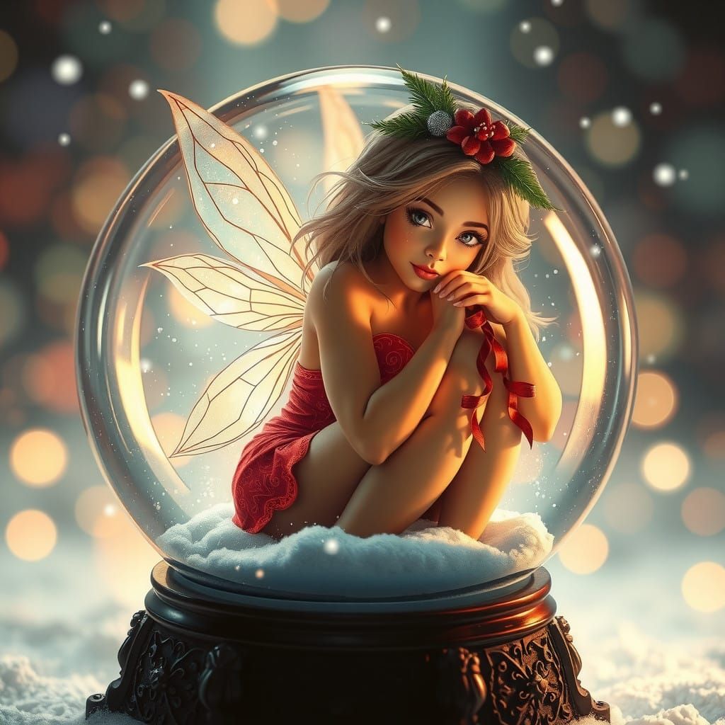 Hyperrealistic Christmas Fairy in Snow Globe