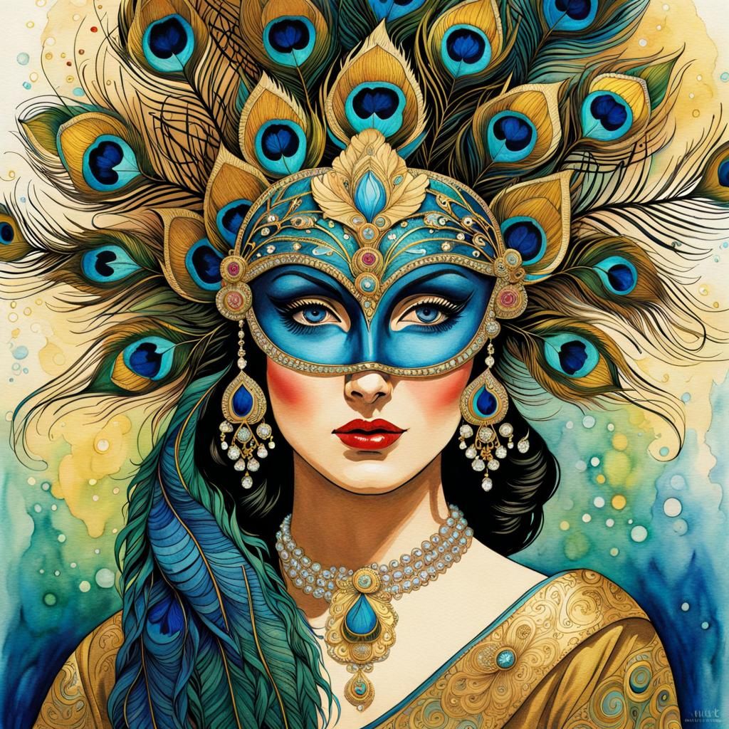 Peacock Mask Zentangle Watercolor and Ink Art