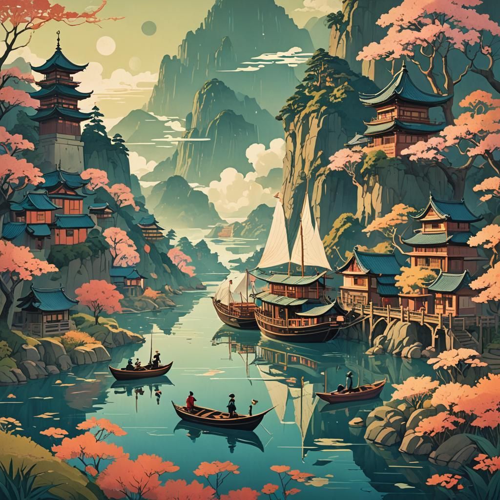 Fairyland Ferrywoman in Woodblock Print Style