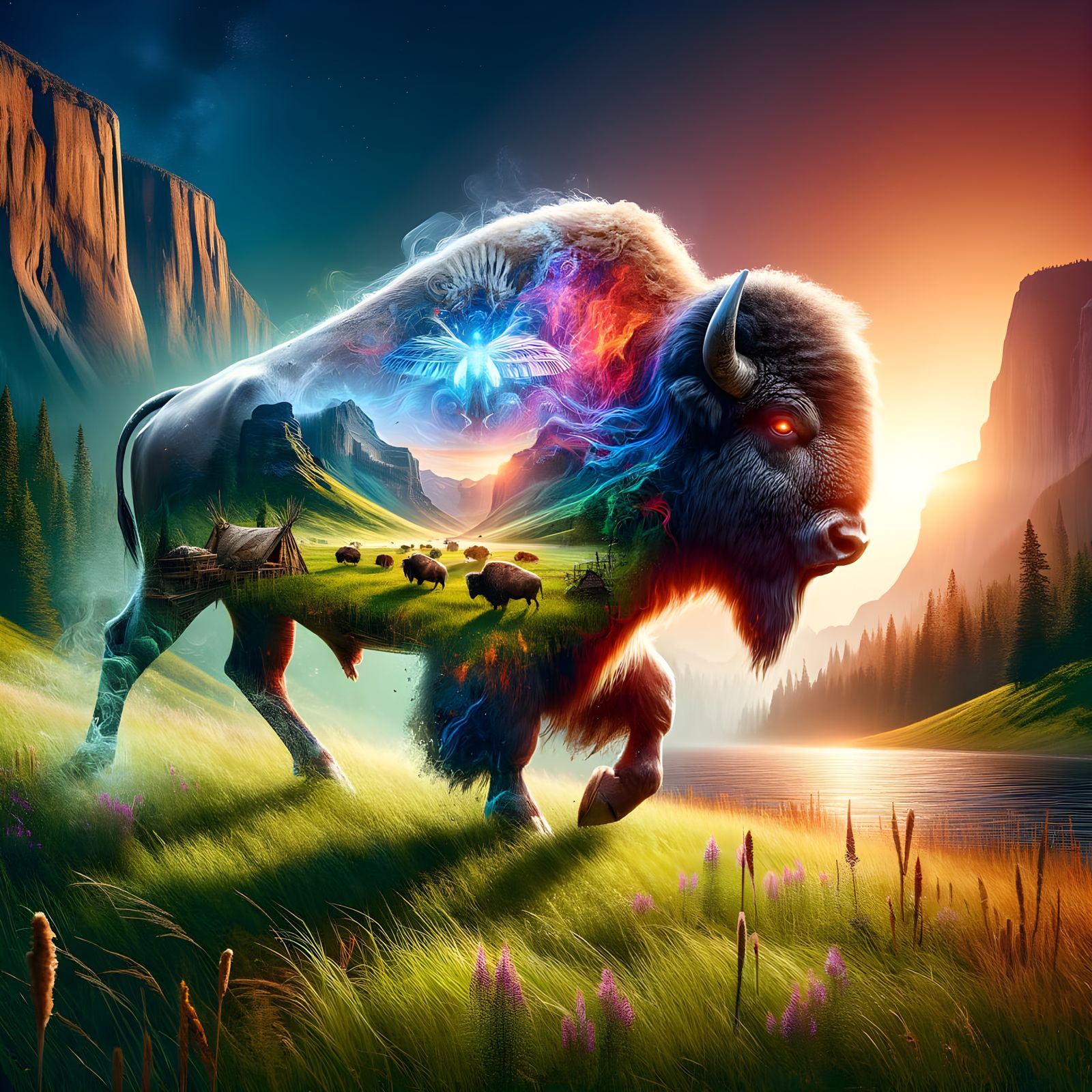 Majestic Buffalo with Tribal Overlay in Dramatic Lighting