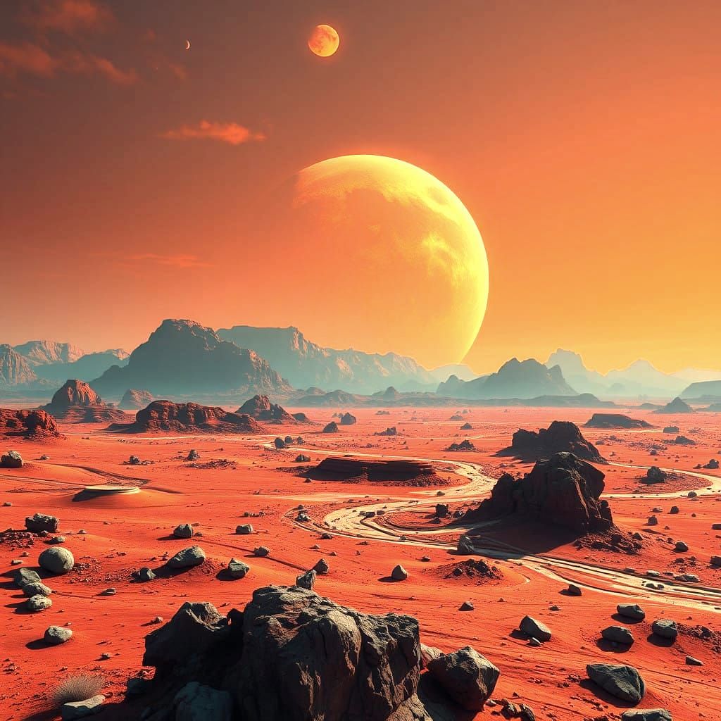 Vibrant Mars Planet Concept Art in Triadic Colors
