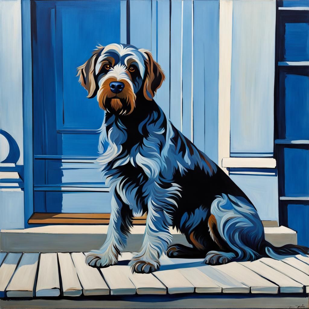 Picasso blue period oil painting of a Wirehaired Pointing Griffon