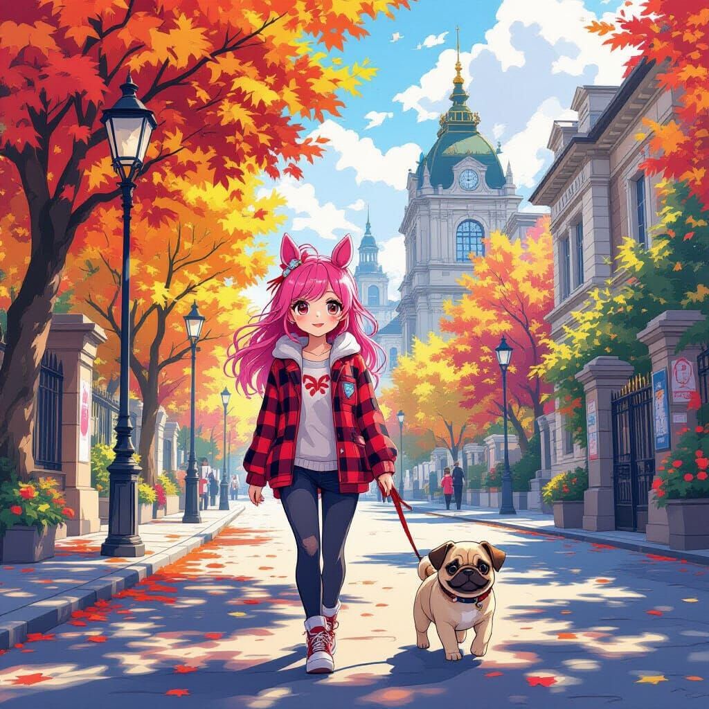 Anime Girl with Pink Hair and Horse Ears in Autumn Street
