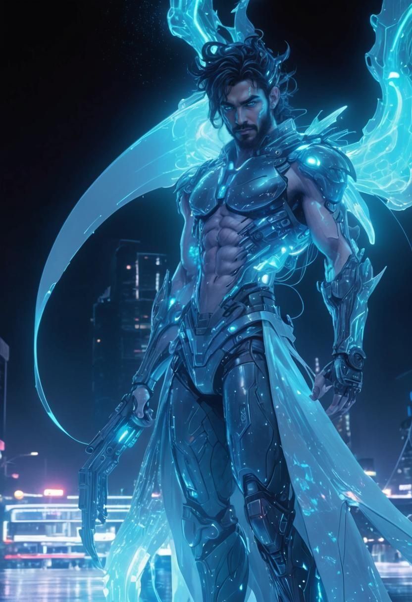 Cyberpunk Fae Man in Neon City