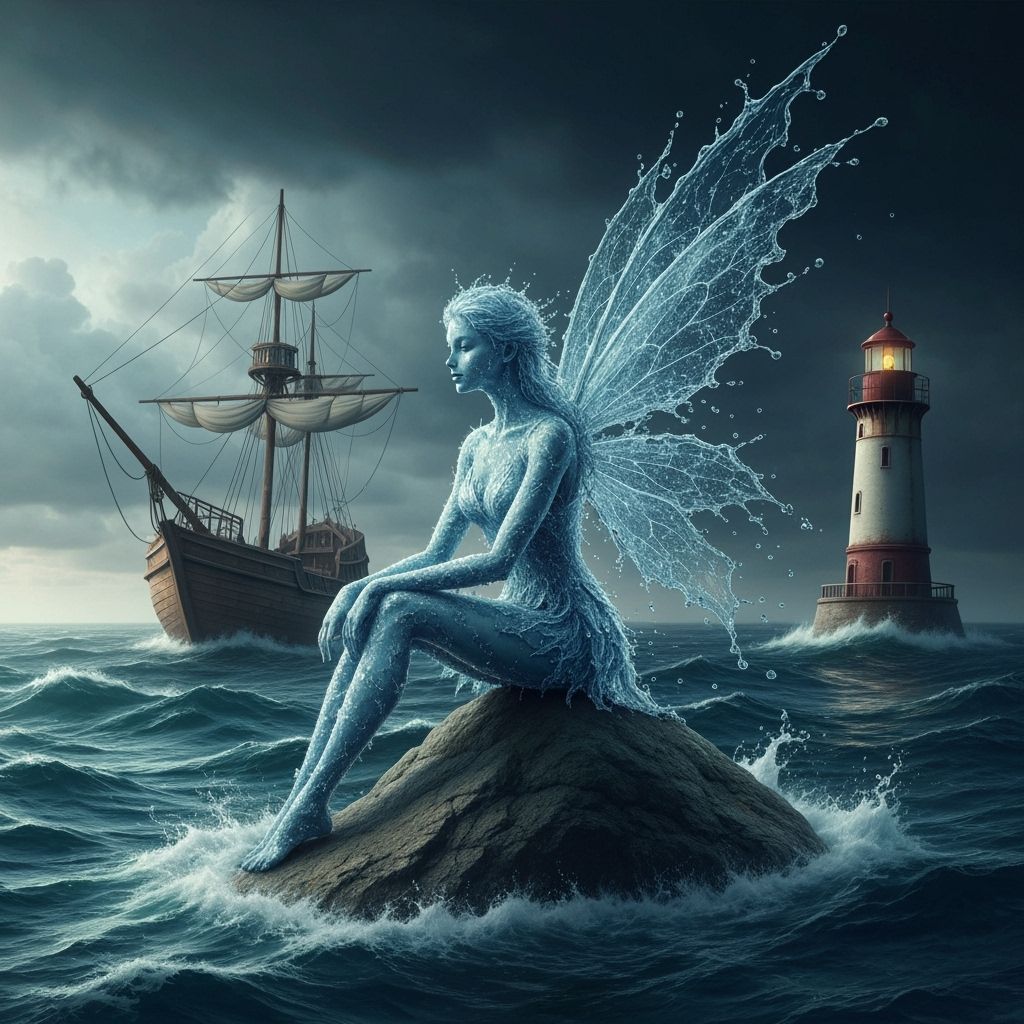 Water Fairy in Stormy Ocean with Ship and Lighthouse