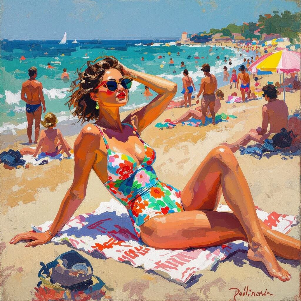 Woman Sunbathing on Beach in Impressionist Style