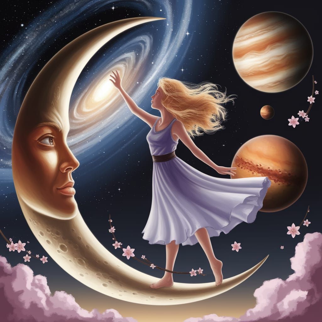 Woman on Moon Reaching for Stars
