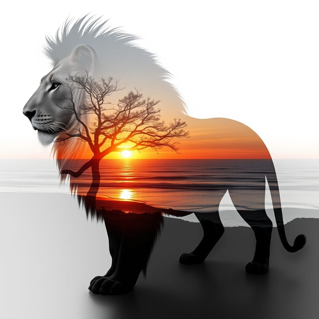 Majestic Lion Silhouette Amidst Sunset Coast