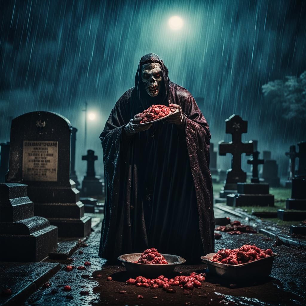 Ghoul Feasting in Dark Gothic Cemetery at Night
