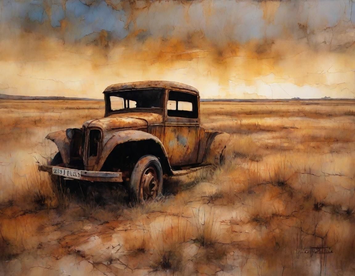 Twilight Vehicle: Neo-Impressionist Expressionist Oil Painti...