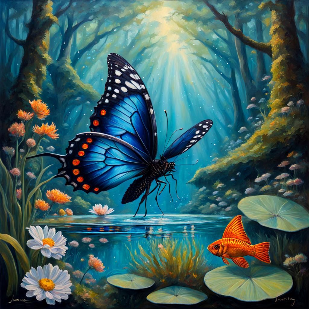 Enchanted Butterfly-Fish Creature in Oil Painting Style