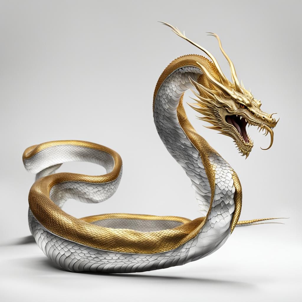 Elegant Silver and Gold Dragon in 3D Anime Style