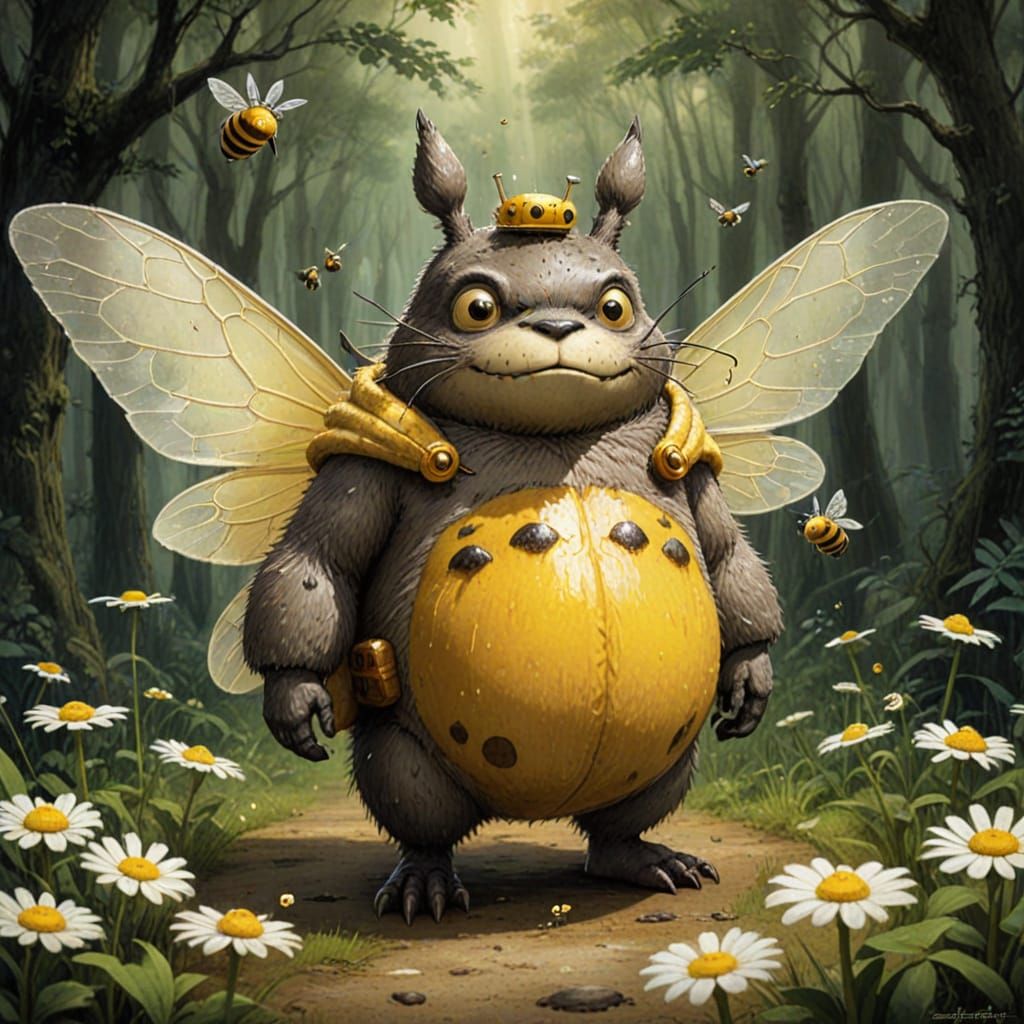 Totoro Sips Honey in Whimsical Folk Art Style