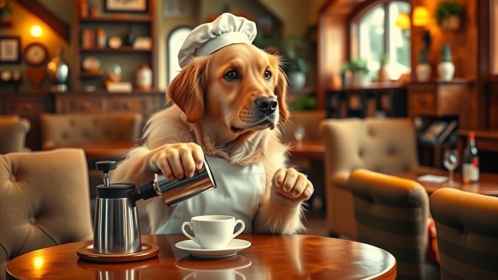Golden Retriever Barista in Cozy Café Setting
