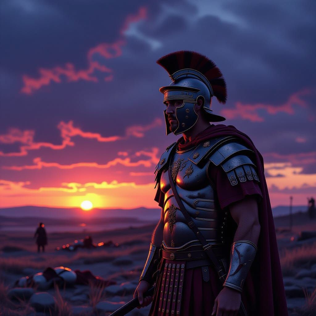 Roman Legionary Contemplates Dusk Battlefield