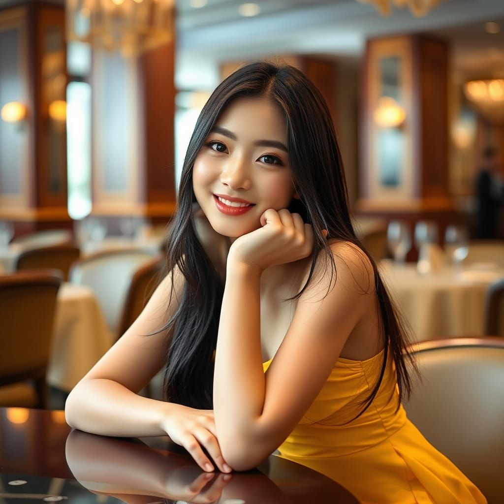Elegant Chinese Woman in Yellow Gown Portrait